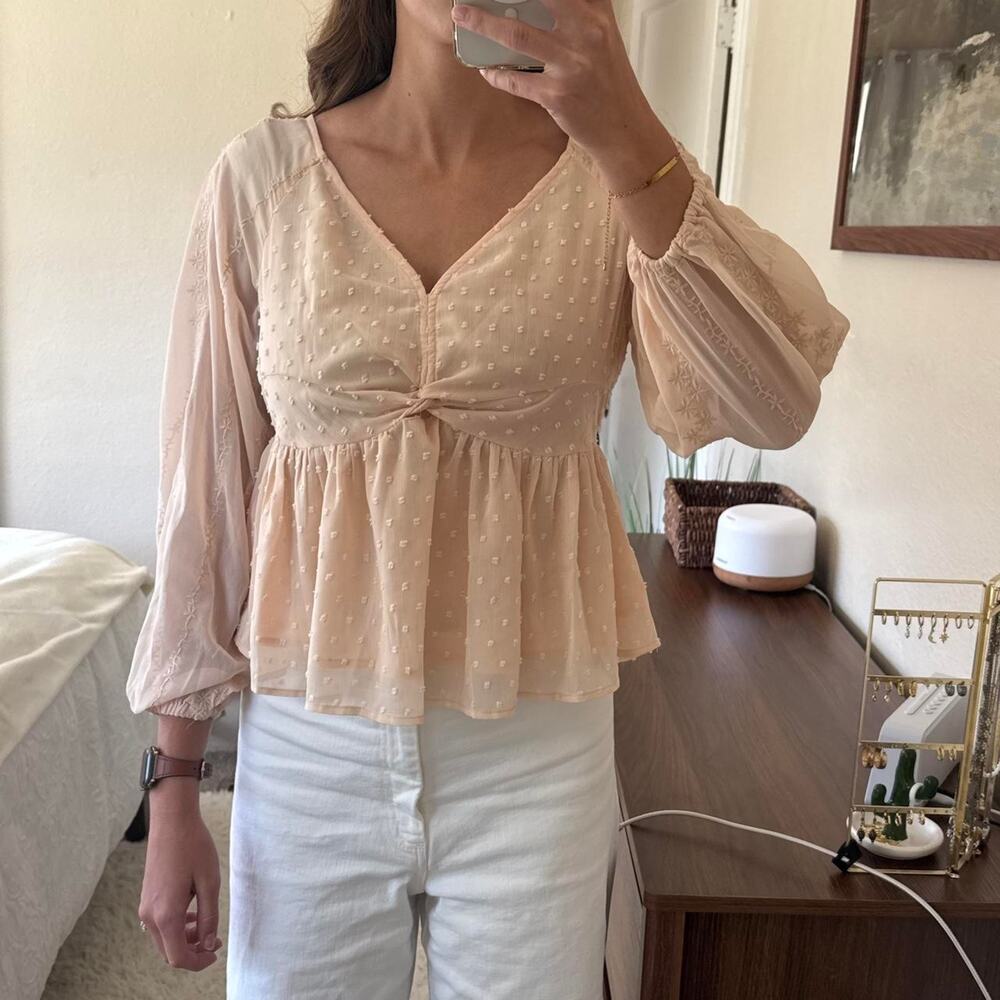 Böhme Blush Pink Swiss Dot Babydoll Peplum Blouse Long Sleeve XS